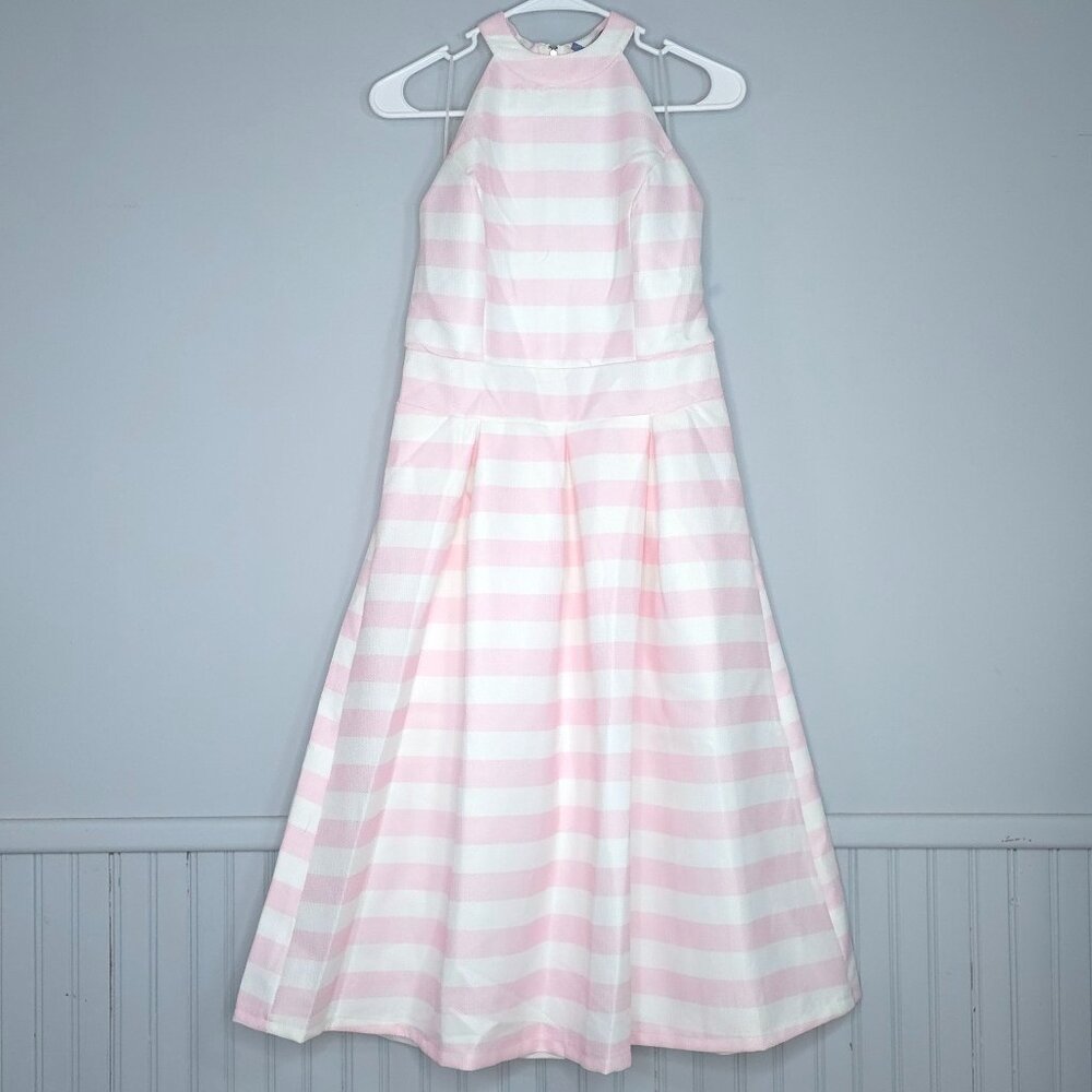Be You Tiful Sleeveless Halter Pink & White Striped Midi Dress L Chic Coquette